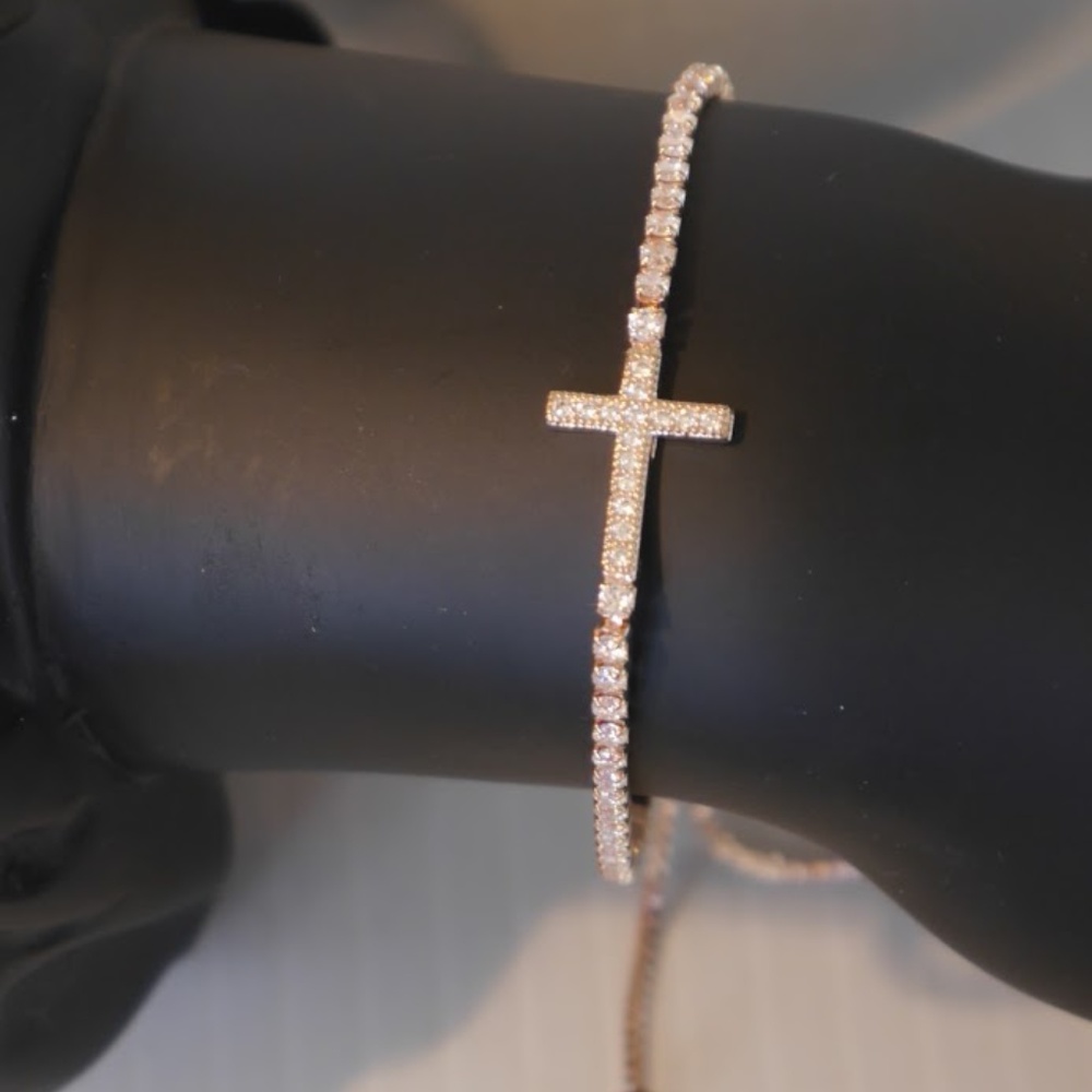 Rose Gold tone and CZ Cross Bracelet
